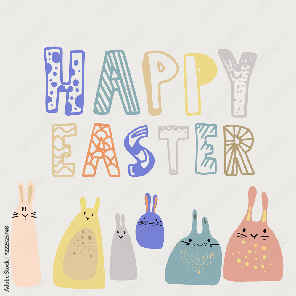 vector card with colorful handdrawn bunnies . happy easter
