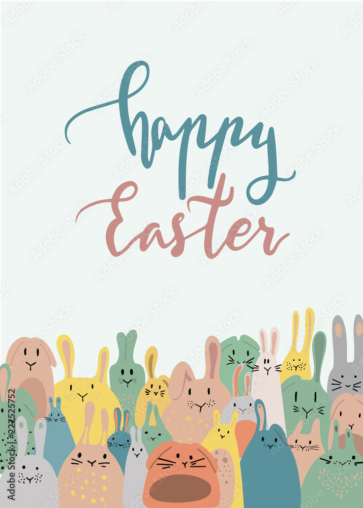 Obraz premium vector card with colorful handdrawn bunnies . happy easter