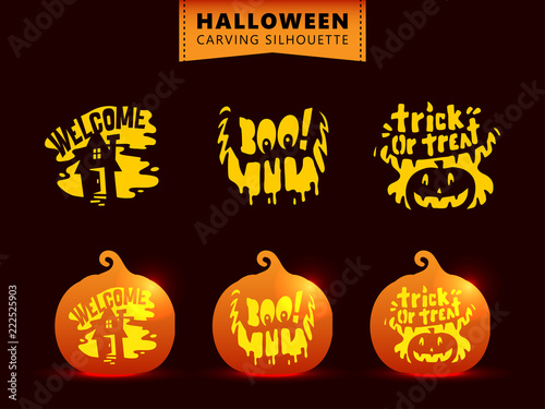 Set of silhouette pumpkin carving character template. Haunted house, scary smile, trick or treat text