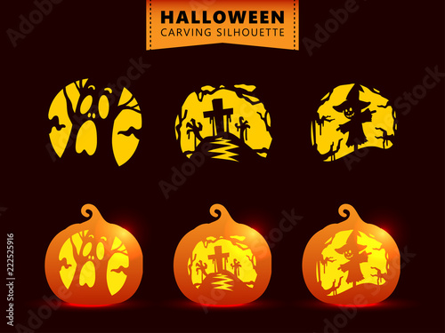 Set of silhouette pumpkin carving character template. spooky tree, graveyard zombie, scarecrow