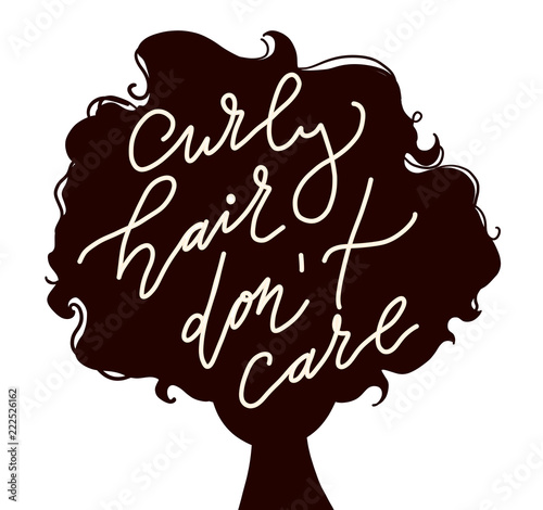 flat vector illustration of woman head silhouette  with lettering -curly hair don't care
