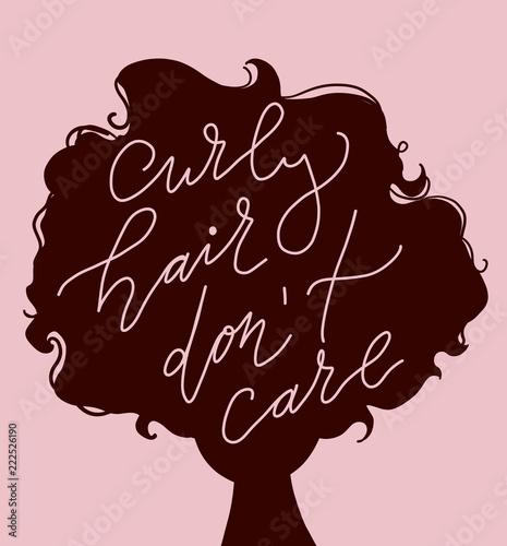 flat vector illustration of woman head silhouette  with lettering -curly hair don't care
