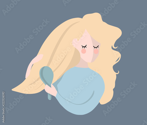 flat vector illustration of blonde girl combing her hair