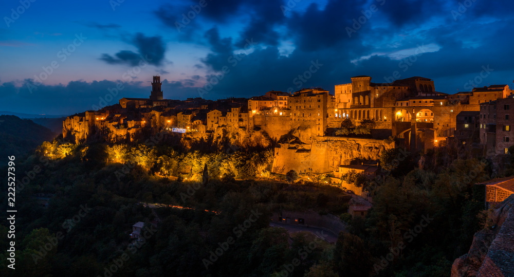 Panoramic sight of Pitigliano in the evening. Province of Grosseto, Tuscany, Italy.