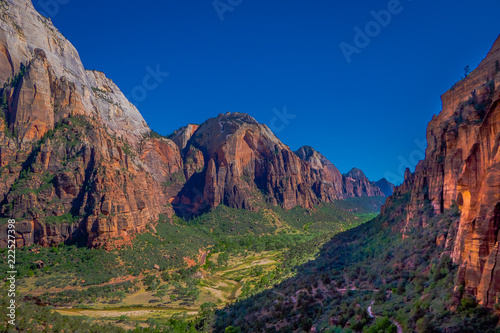 Panoramic view of famous Angels Landing, overlooking scenic Zion Canyon on a beautiful sunny day with blue sky in summer, Zion National Park, Springdale, southwestern Utah
