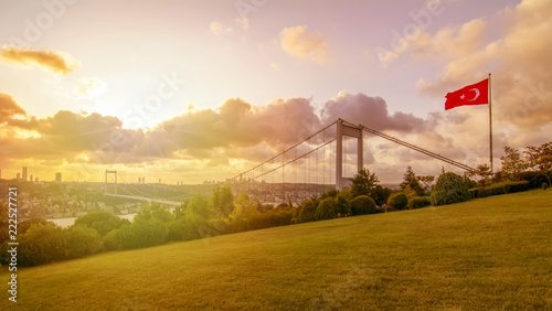 Canvas Print View of the Turkish Flag and the Fatih Sultan Mehmet Bridge photo, taken from Ot