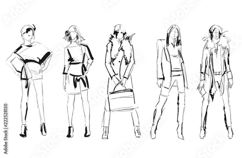 Sketch. Fashion Girls on a white background. Vector illustration.