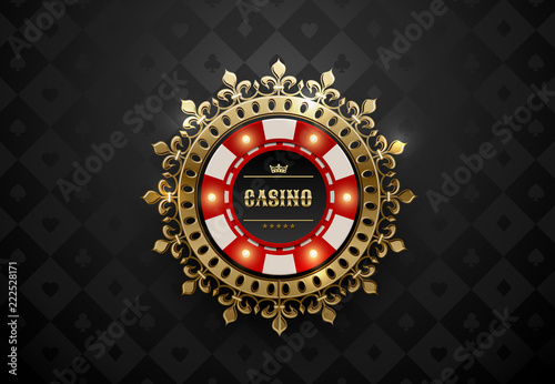 Vector red white casino poker chip with luminous light elements and golden crown wreath frame. Black silk geometric card suits background. Blackjack or online casino web banner, logo or icon.