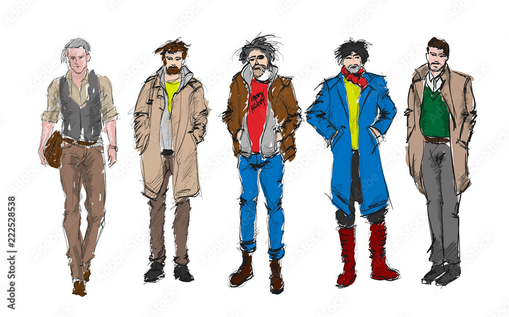 Fototapeta premium Fashion man. Set of fashiona mens sketches on a white background. Autumn men.