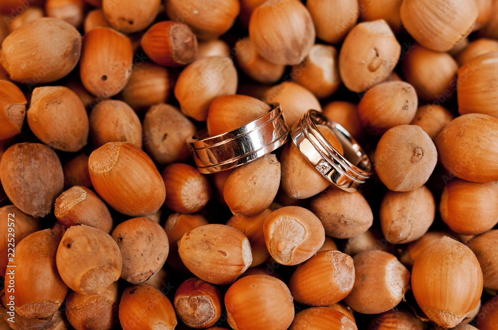 Beautiful rings on the background of nuts Beautiful rings on the background of nuts