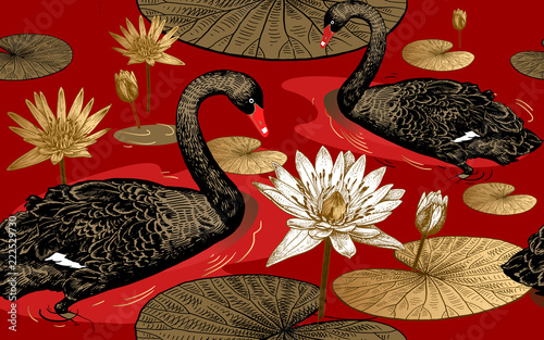 Swans and water lily. Seamless pattern