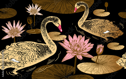 Swans and water lily. Seamless pattern