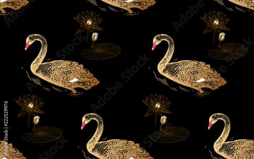 Swans and water lily. Seamless pattern