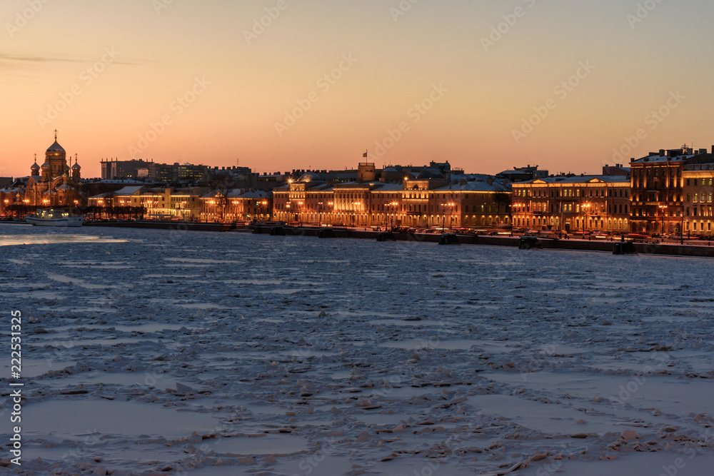 View of Lieutenant Schmidt Embankment at sunset in winter. Saint Petersburg. Russia