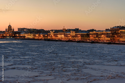 View of Lieutenant Schmidt Embankment at sunset in winter. Saint Petersburg. Russia