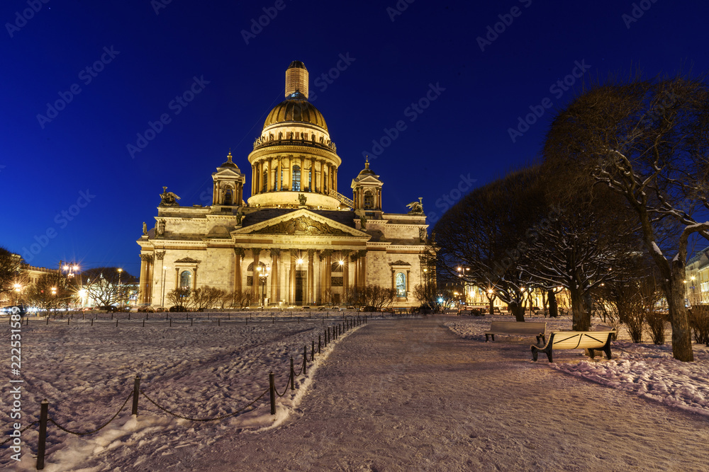 Saint Isaac's Cathedral at night in winter. Saint Petersburg. Russia