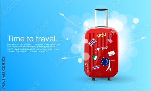 Plastic travel bag with different travel souvenirs. Time to travel. Traveling banner template. Vector Illustration.