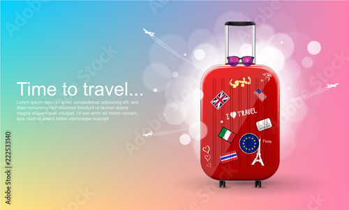 Plastic travel bag with different travel souvenirs. Time to travel. Traveling banner template. Vector Illustration.