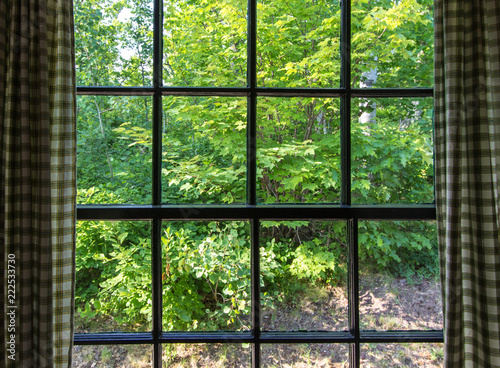 View From Inside Looking Out. Rustic style window with view to the outside with gingham curtains. 