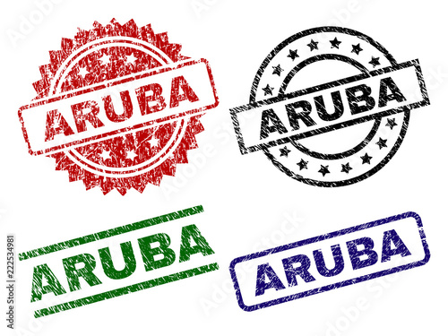 ARUBA seal prints with damaged surface. Black, green,red,blue vector rubber prints of ARUBA label with unclean surface. Rubber seals with round, rectangle, medal shapes.