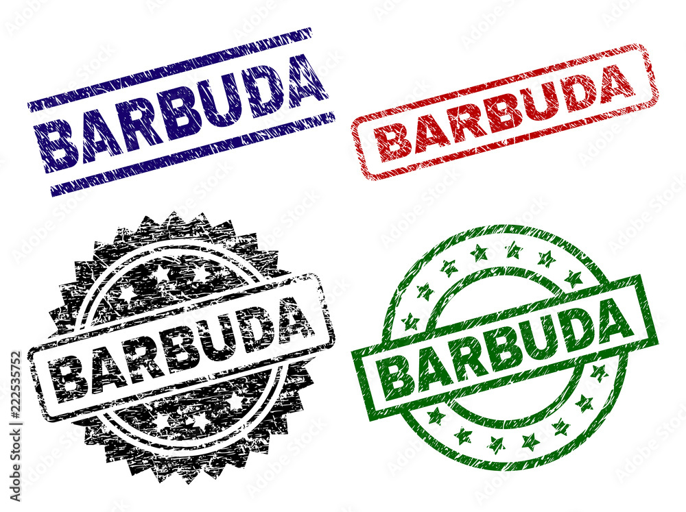 BARBUDA seal prints with corroded texture. Black, green,red,blue vector rubber prints of BARBUDA caption with scratched style. Rubber seals with circle, rectangle, rosette shapes. BARBUDA seal prints with corroded texture. Black, green,red,blue vector rubber prints of BARBUDA caption with scratched style. Rubber seals with circle, rectangle, rosette shapes.