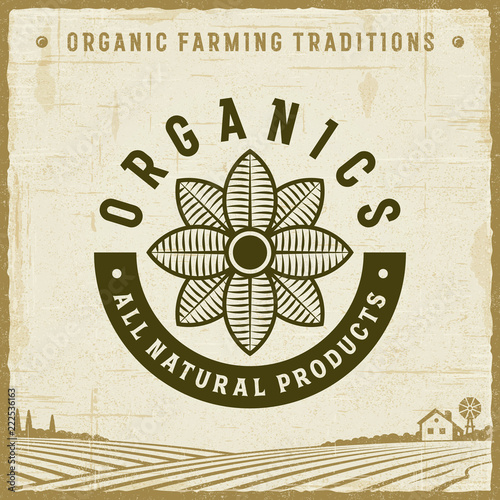 Vintage Organics All Natural Products Label. Editable EPS10 vector illustration with clipping mask and transparency in retro woodcut style.