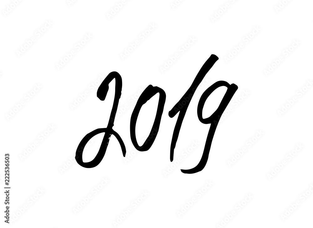 2019 Black Color Numbers with Hand drawn Lettering. Isolated Symbol or Sign with Brushlettering Scribbles. Use for Laser Cut and Christmas Gift Banner Design. Vector Concept
