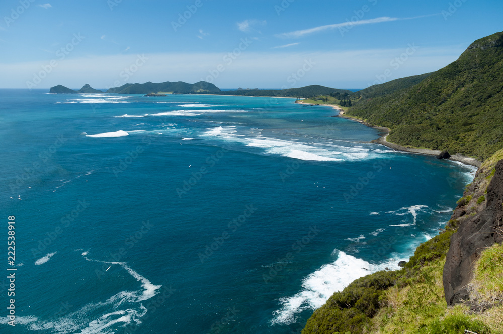 Fototapeta premium View up Lord Howe Island from the Mt Gower Track showing the coast and lagoon. New South Wales, Australia.