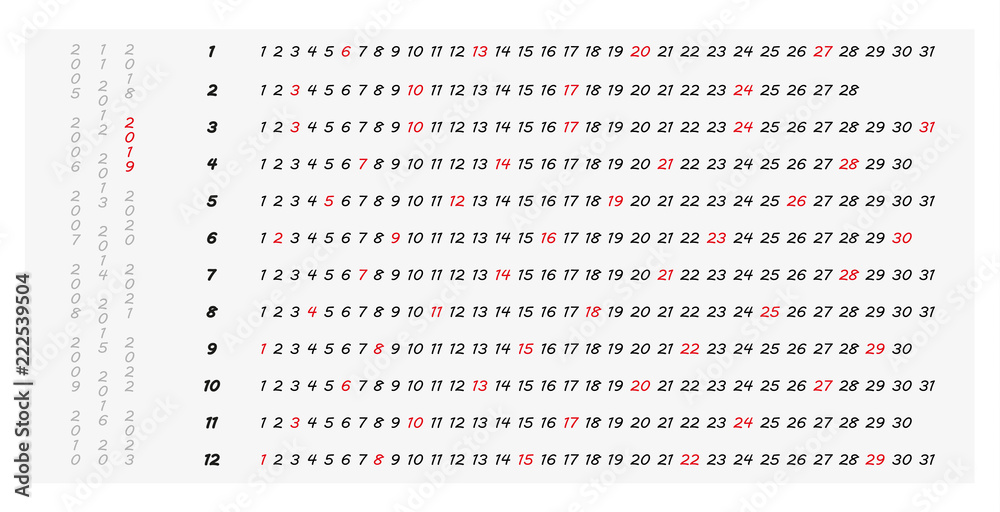 Simple 2019 horizontal year calendar with highlighted Sundays, easily ...