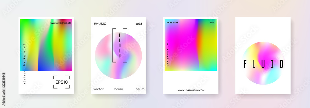Holographic fluid set. Abstract backgrounds. Trendy holographic fluid with gradient mesh. 90s, 80s retro style. Pearlescent graphic template for placard, presentation, banner, brochure.