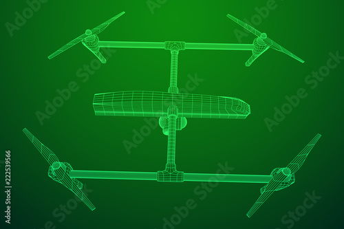 Remote control air drone. Dron flying with action video camera. Wireframe low poly mesh vector illustration