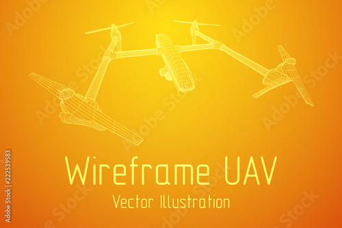Remote control air drone. Dron flying with action video camera. Wireframe low poly mesh vector illustration