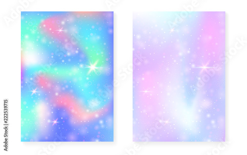 Unicorn background with kawaii magic gradient. Princess rainbow hologram. Holographic fairy set. Vibrant fantasy cover. Unicorn background with sparkles and stars for cute girl party invitation.