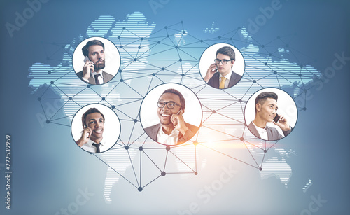 Businessmen on phone over world map, connnection photo