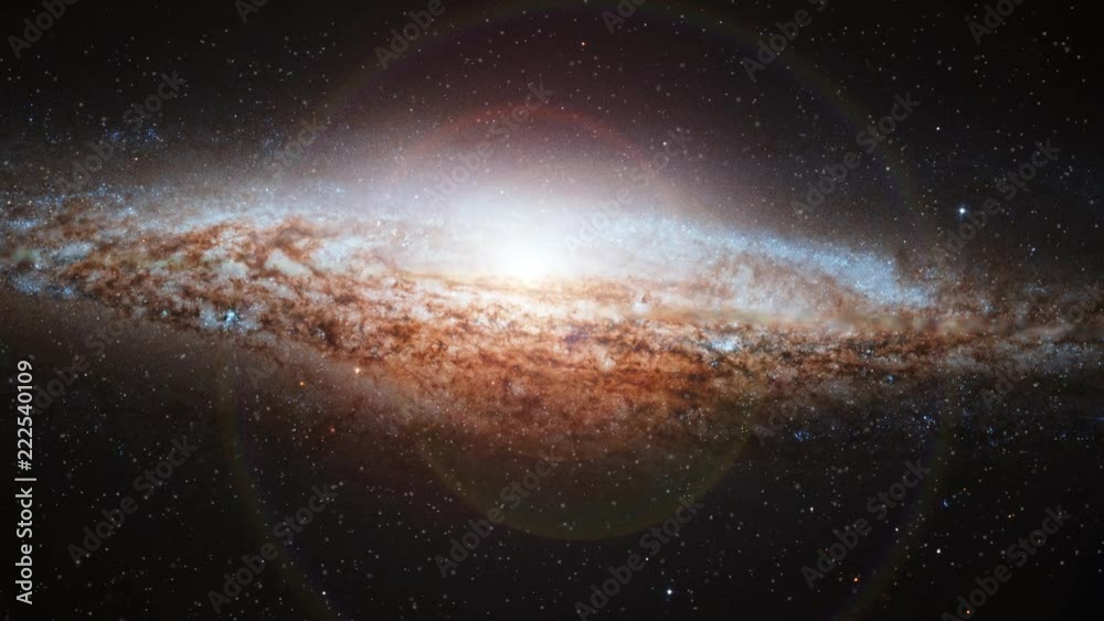 Space travel to Ufo galaxy, slow rotating in outer space with bright flare light at center. Contains public domain image by NASA