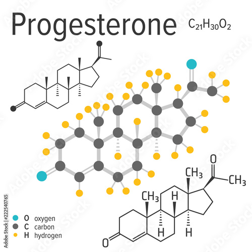 Chemical formula, structure and model of the progesterone molecule, vector illustration photo