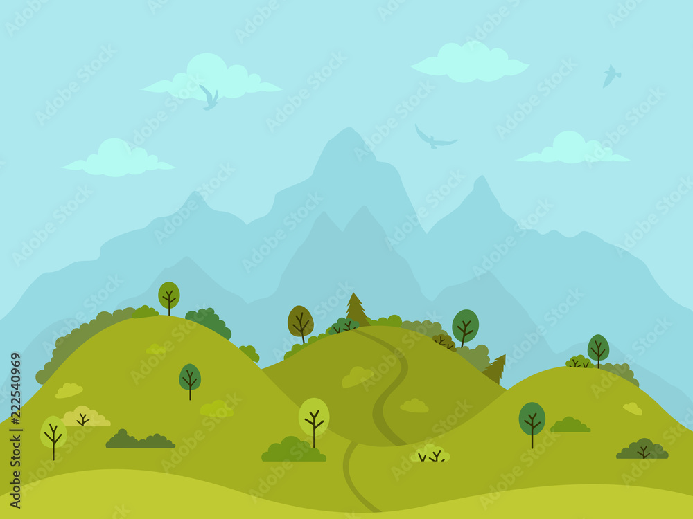 Fototapeta premium Rural hilly landscape with green hills, trees and mountains. Flat design, vector illustration.