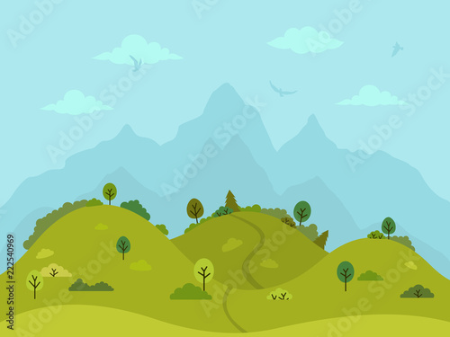 Rural hilly landscape with green hills, trees and mountains. Flat design, vector illustration.