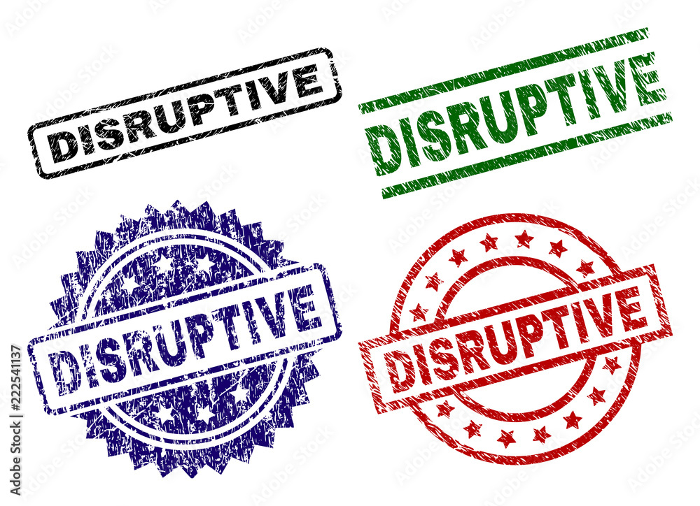 DISRUPTIVE seal prints with damaged texture. Black, green,red,blue vector rubber prints of DISRUPTIVE title with grunge texture. Rubber seals with round, rectangle, medallion shapes. DISRUPTIVE seal prints with damaged texture. Black, green,red,blue vector rubber prints of DISRUPTIVE title with grunge texture. Rubber seals with round, rectangle, medallion shapes.