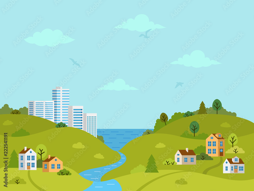 Rural hilly landscape with houses, buildings, green hills, trees and river. Flat design, vector illustration.
