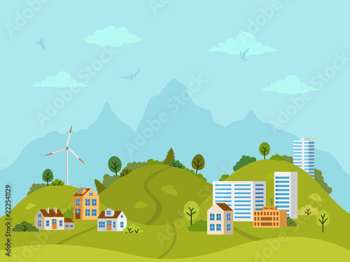 Rural hilly landscape with houses, buildings, green hills, trees and windmill. Flat design, vector illustration.