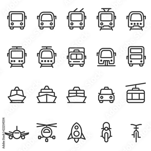 Public transport vector outline style icon set. Front view land, water, air transport symbols. Marking of transport stops.