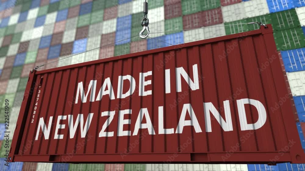 Cargo container with MADE IN NEW ZEALAND caption. Import or export related loopable animation Cargo container with MADE IN NEW ZEALAND caption. Import or export related loopable animation