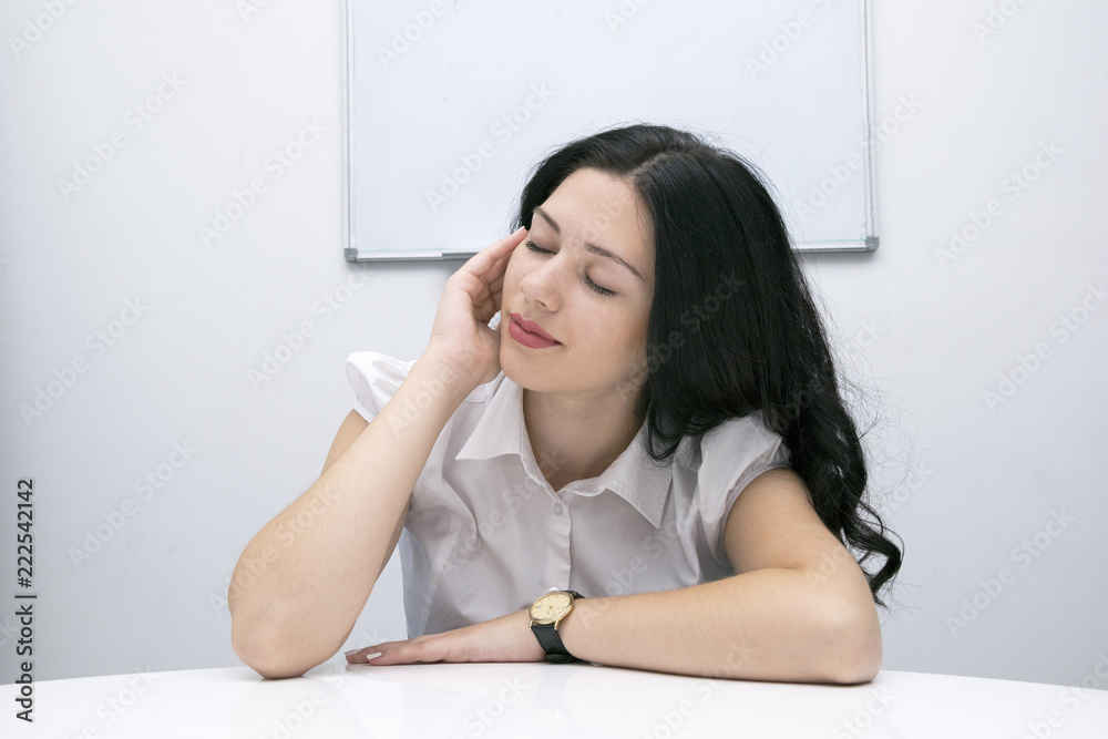 Overworked woman in meeting room Overworked woman in meeting room