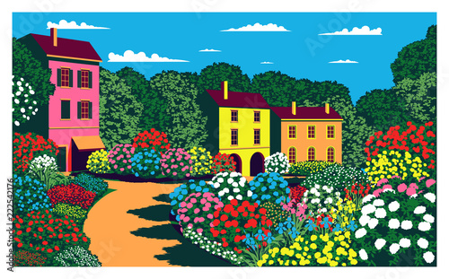 Sunny day in the garden near the pavilion. Handmade drawing vector. Pop art style.