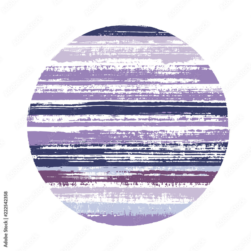 Circle vector geometric shape with striped texture of ink horizontal lines. Old paint texture disk. Stamp round shape logotype circle with grunge background of stripes.