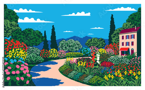 Sunny day in the garden near the pavilion. Handmade drawing vector. Pop art style.