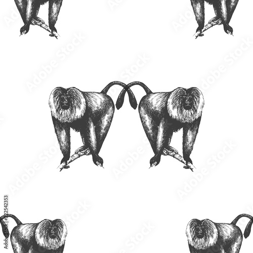Seamless pattern of hand drawn sketch style lion-tailed macaques isolated on white background. Vector illustration.
