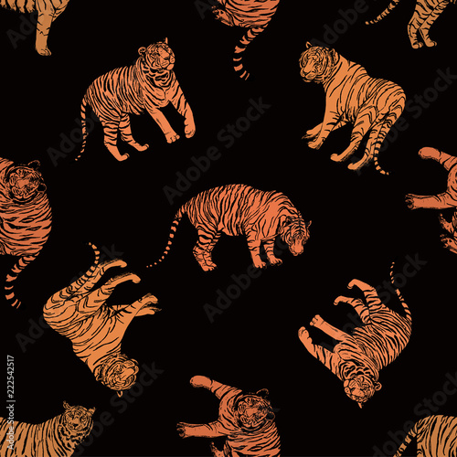 Seamless pattern of hand drawn sketch style tigers. Vector illustration isolated on black background.