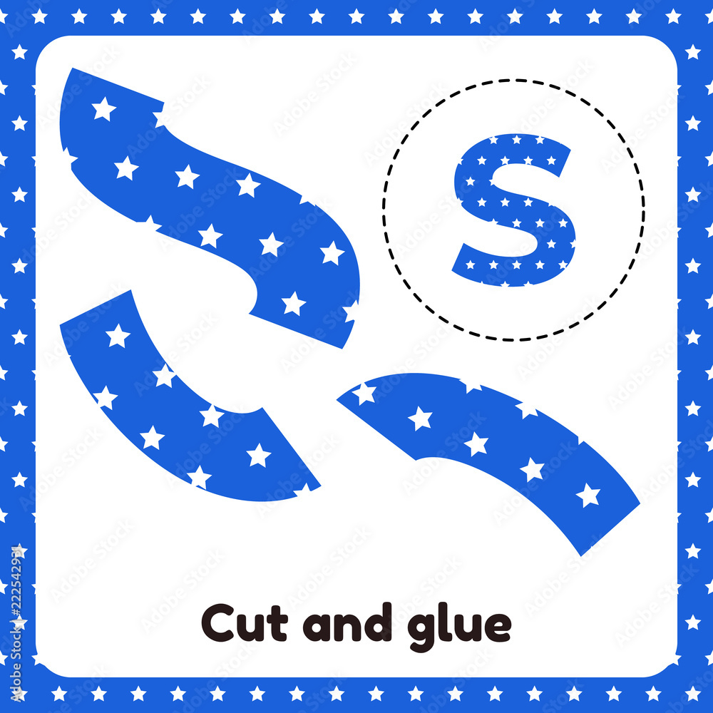 Vector illustration. A game for children of preschool and school age. Cut out and glue. The letter of the English alphabet S. Blue background with white stars. - obrazy, fototapety, plakaty 